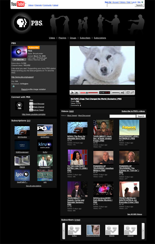 PBS: PBS YouTube Channel: 1.16.08: Designed and implemented the PBS branded 